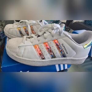 Adidas Kids Superstar Sneakers - White with Holographic Stripes